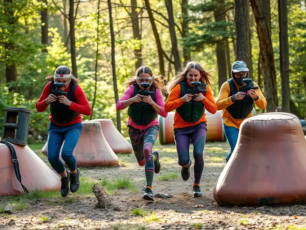 Image d'un groupe de jeunes adultes en équipement de paintball, courant à travers un terrain boisé avec des obstacles, riant et visant avec leurs marqueurs de paintball. L'image doit transmettre l'excitation et le travail d'équipe.