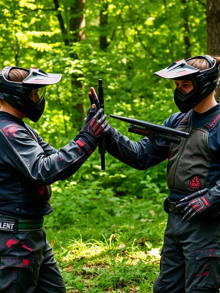 A photo of a group celebrating a successful game at TM PAINTBALL, emphasizing strategic thinking and problem-solving skills.