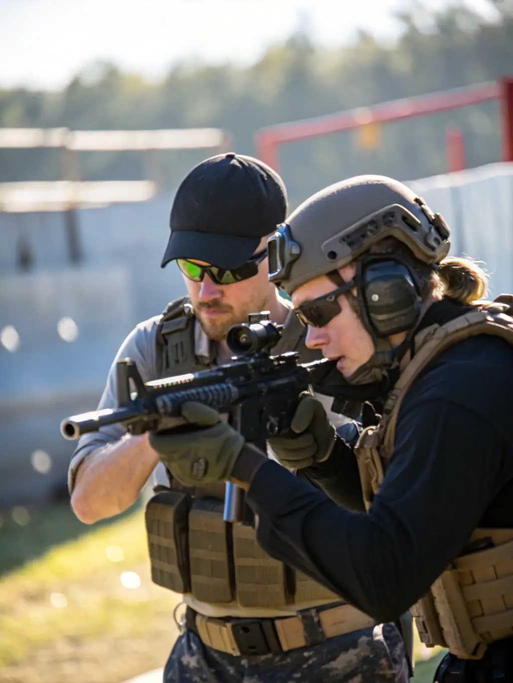 A paintball instructor demonstrating safe gun handling techniques to a group of participants, emphasizing safety and responsible gameplay.