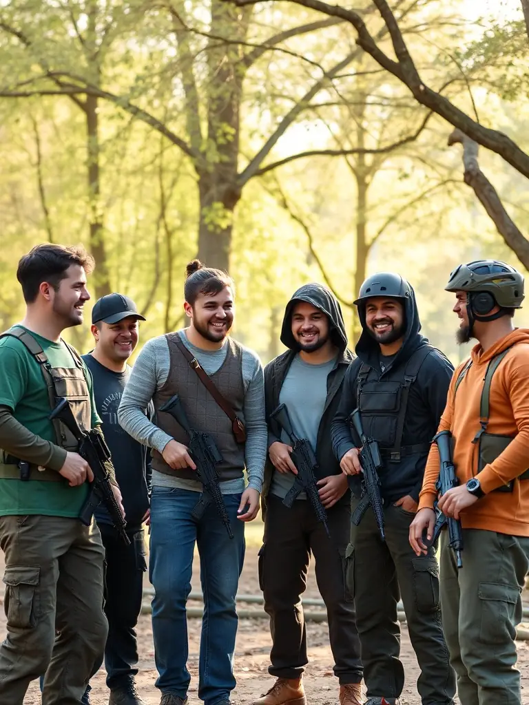 A diverse group of people laughing and interacting after a TM PAINTBALL session, highlighting social interaction and community building.