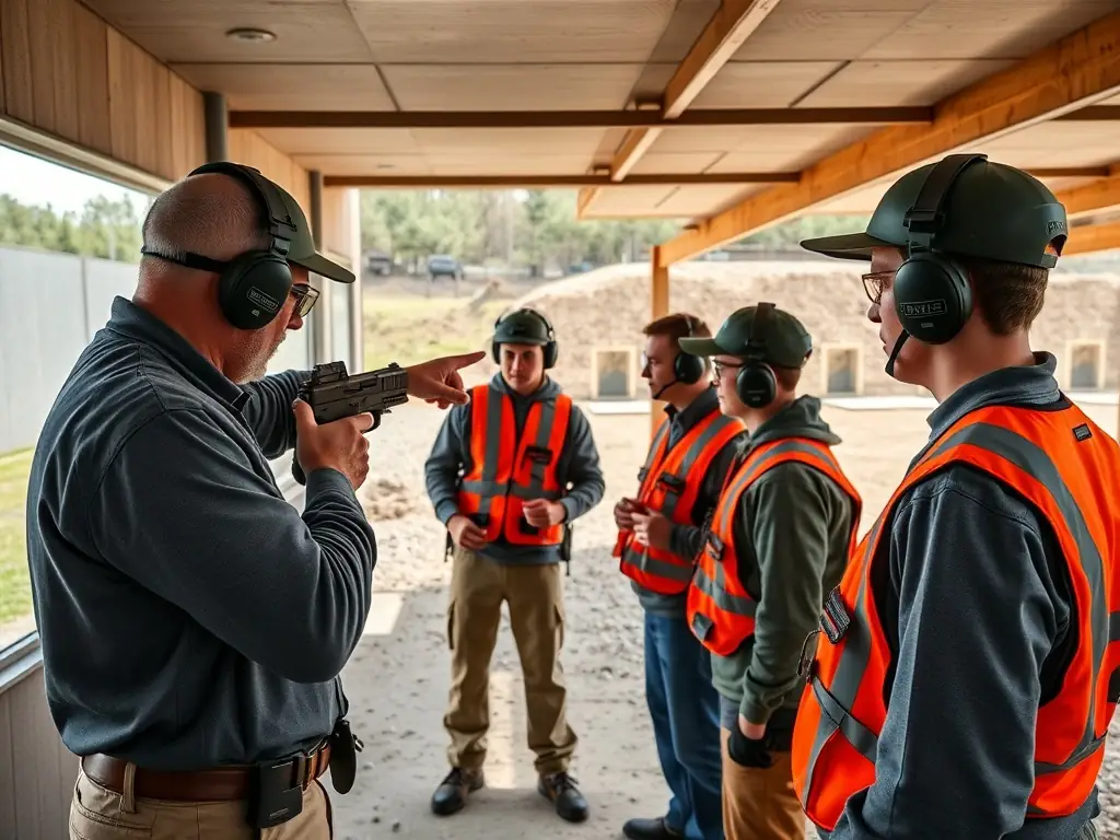 Image d'un instructeur de paintball expliquant une stratégie à une équipe, avec un tableau blanc en arrière-plan montrant un plan du terrain de jeu. L'image doit illustrer l'aspect éducatif et stratégique du paintball.