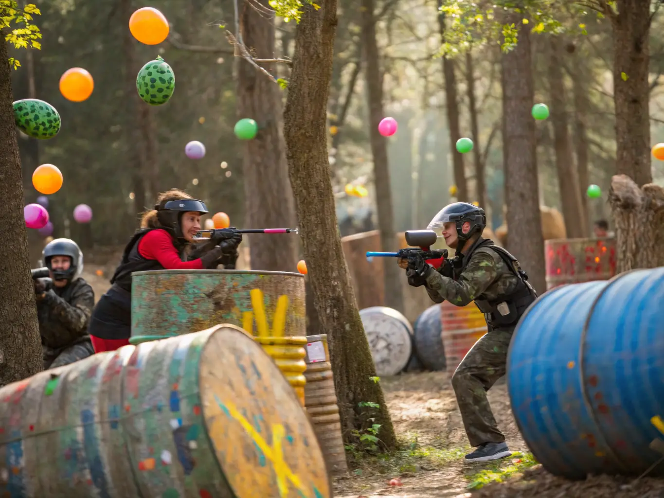 Image d'un grand groupe de personnes participant à un événement de paintball thématique, déguisées et jouant dans un décor élaboré. L'image doit refléter l'aspect festif et communautaire des événements de paintball.
