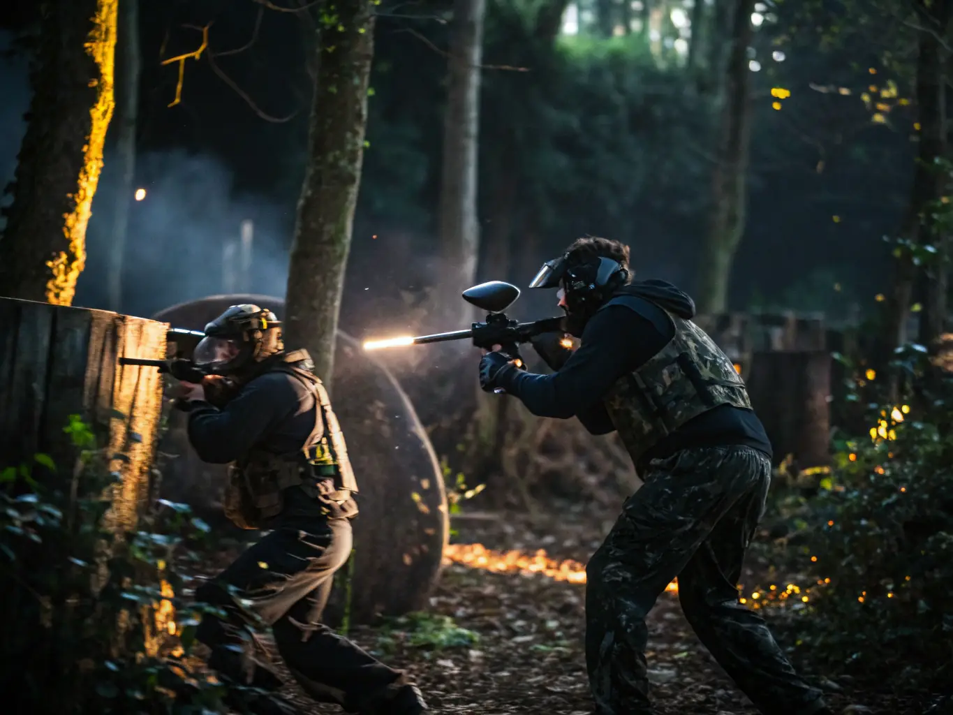 A dynamic shot of paintball players participating in a themed event, dressed in costumes and engaging in a unique paintball scenario.