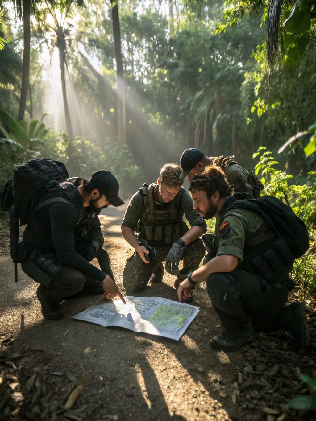 A group of people in paintball gear strategizing during a TM PAINTBALL event, showcasing teamwork and communication.