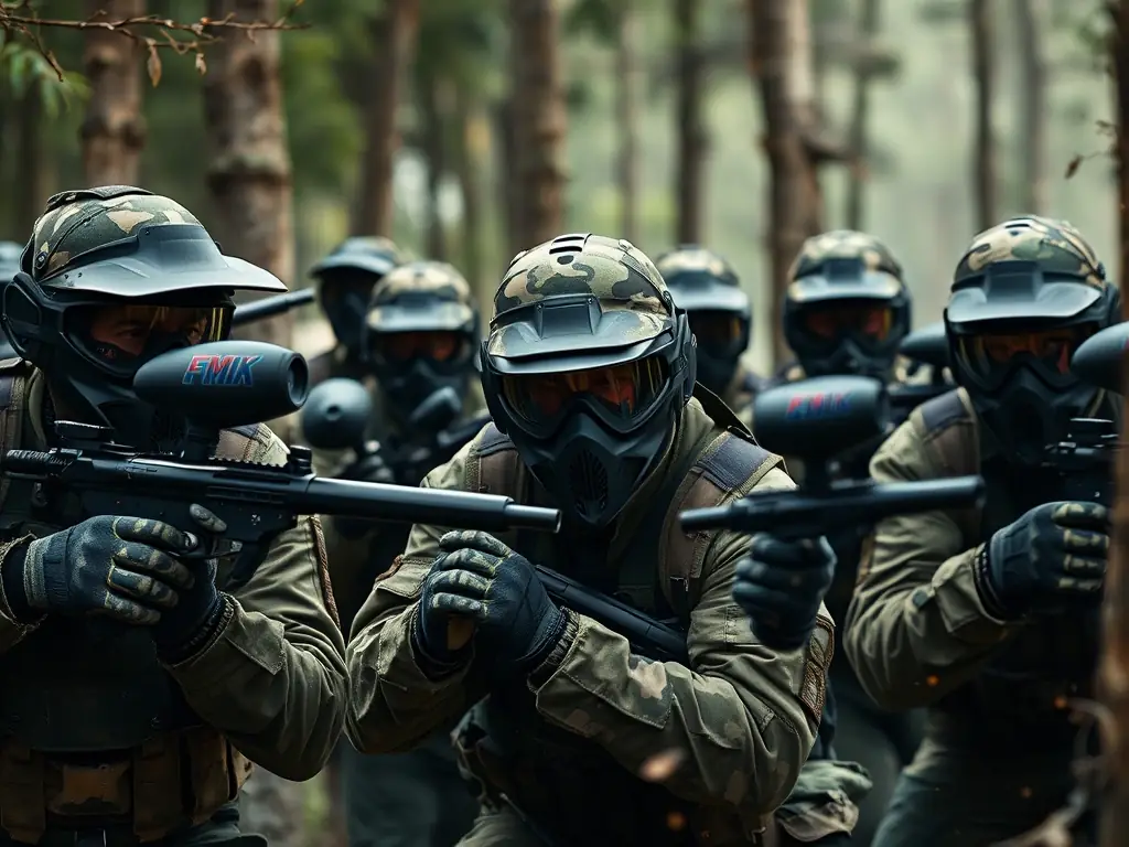 A group of paintball players in full gear strategizing during a game in a wooded area, showcasing teamwork and tactical planning.