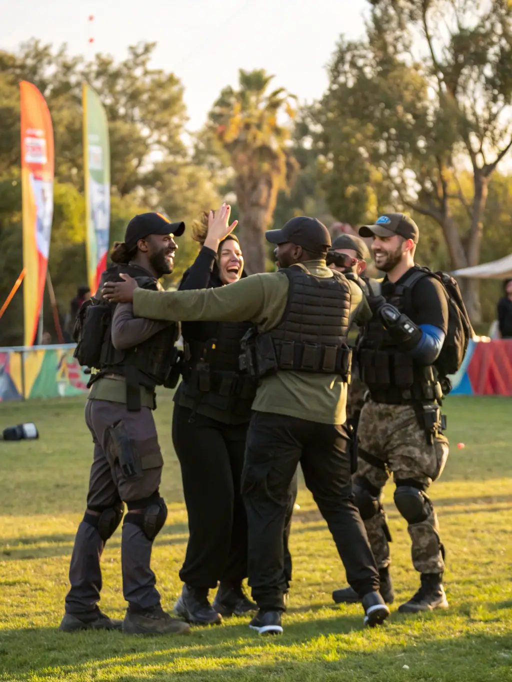 A diverse group of people celebrating after a paintball match, showcasing the camaraderie and social interaction fostered by the sport.