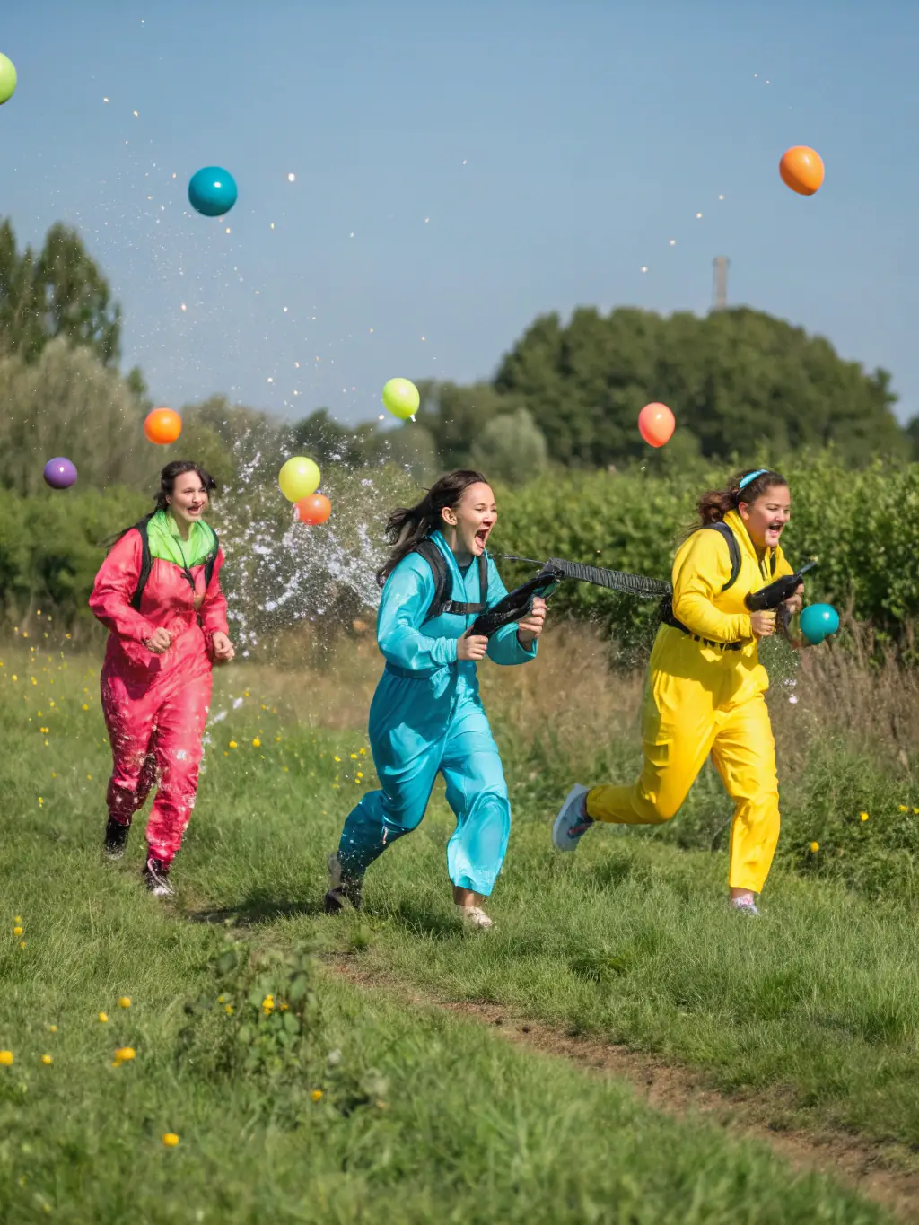 Participants running and dodging paintballs in a dynamic TM PAINTBALL game, emphasizing physical activity and adrenaline rush.