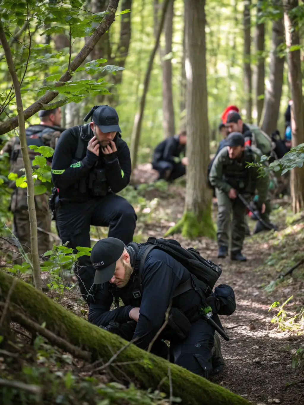 A group of young adults in protective gear strategizing during a paintball game in a wooded area, sunlight filtering through the trees, creating a dynamic and engaging scene.